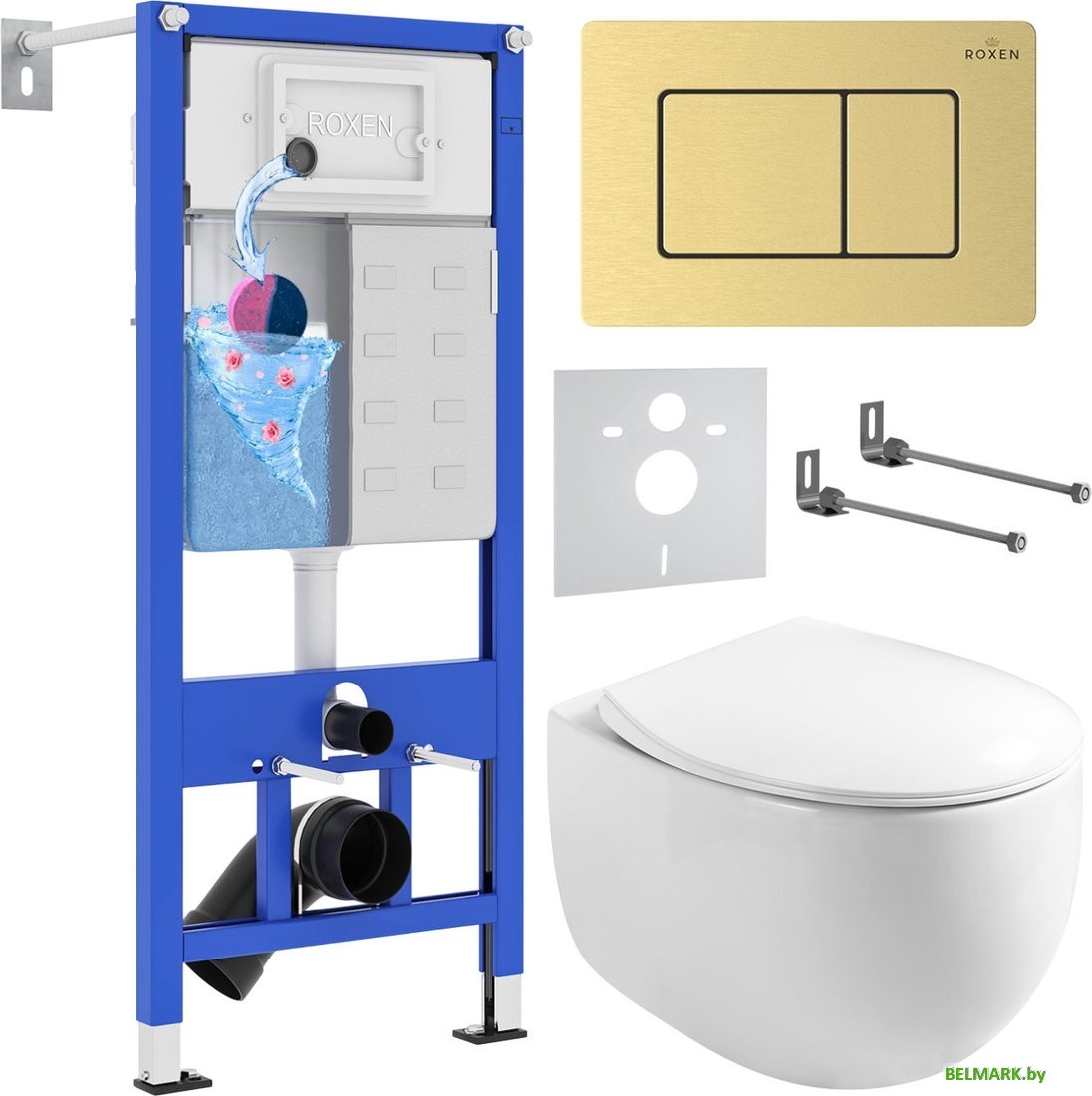 Унитаз подвесной Roxen Egg в комплекте с инсталляцией StounFix Dual Fresh 6 в 1 968475 (кнопка: брашированное золото) - фото