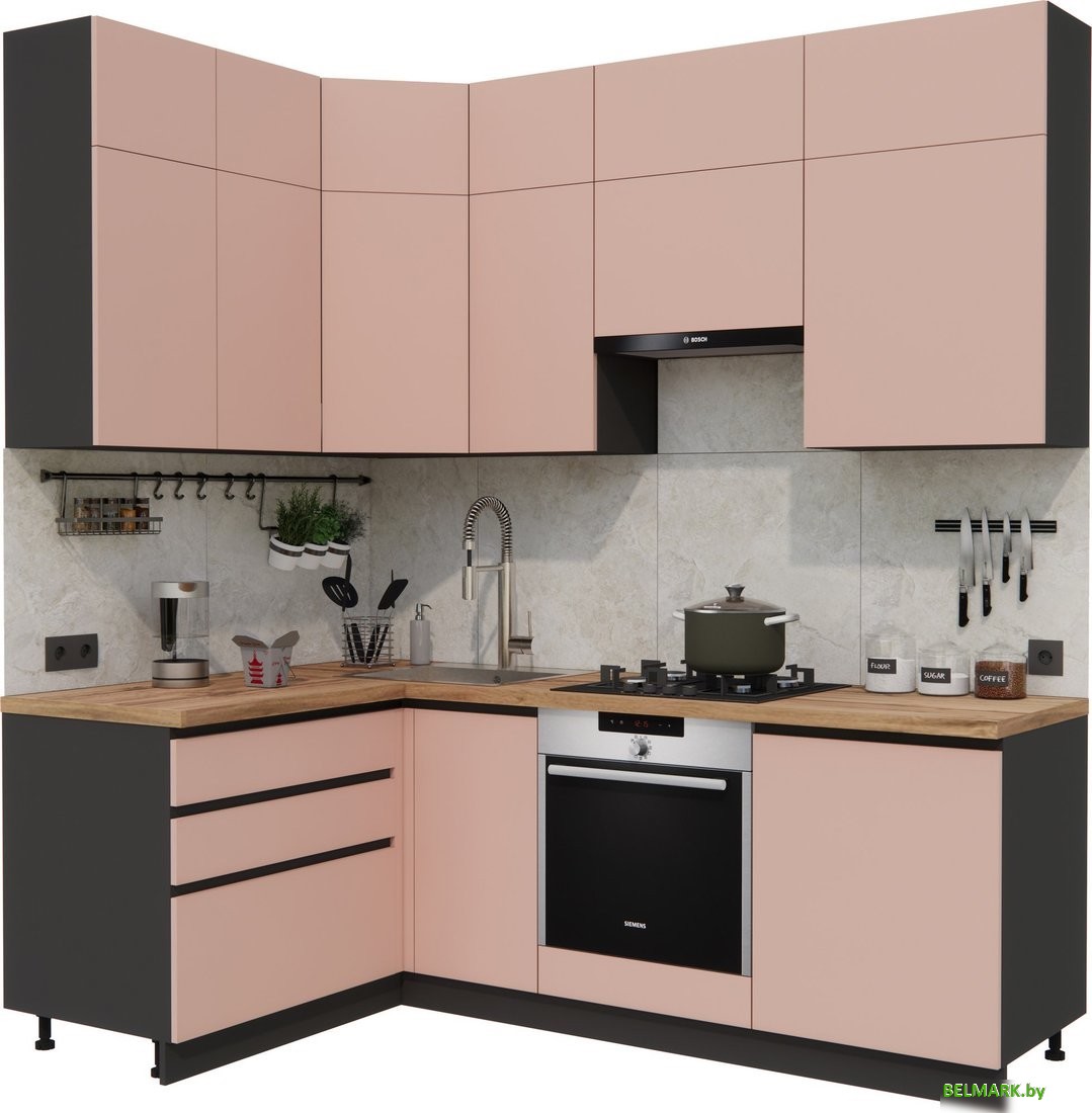 Готовая кухня ВерсоМебель Эко Премиум 1.4x2.2 левая (пудровый/ст. дуб вотан) - фото