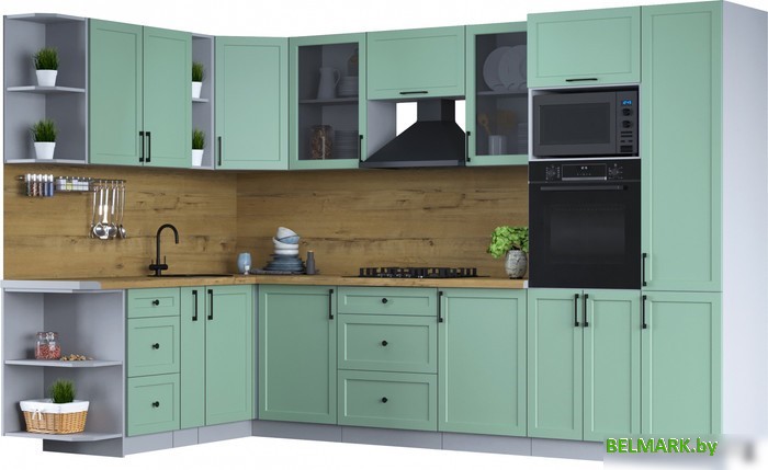 Готовая кухня Интерлиния Тренд 1.88x3.2 ВТ левая (мята/мята/дуб бунратти) - фото