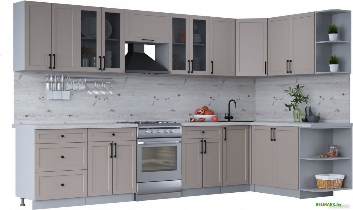 Готовая кухня Интерлиния Тренд 1.7x3.4 правая (луна/луна/бискайская сосна) - фото
