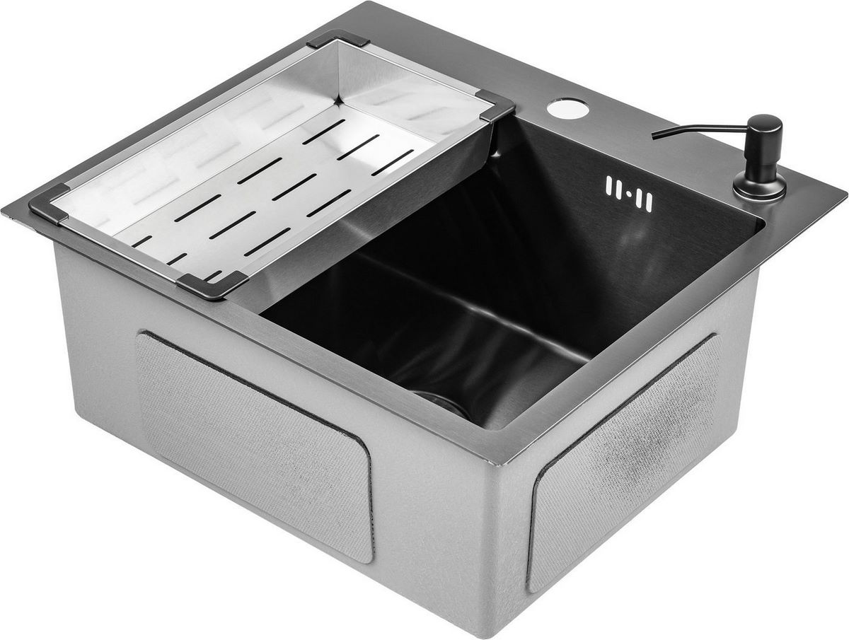 Кухонная мойка Saniteco 5045 Nano + Spike F9S07000 (хром, с сифоном, дозатором и коландером) - фото2