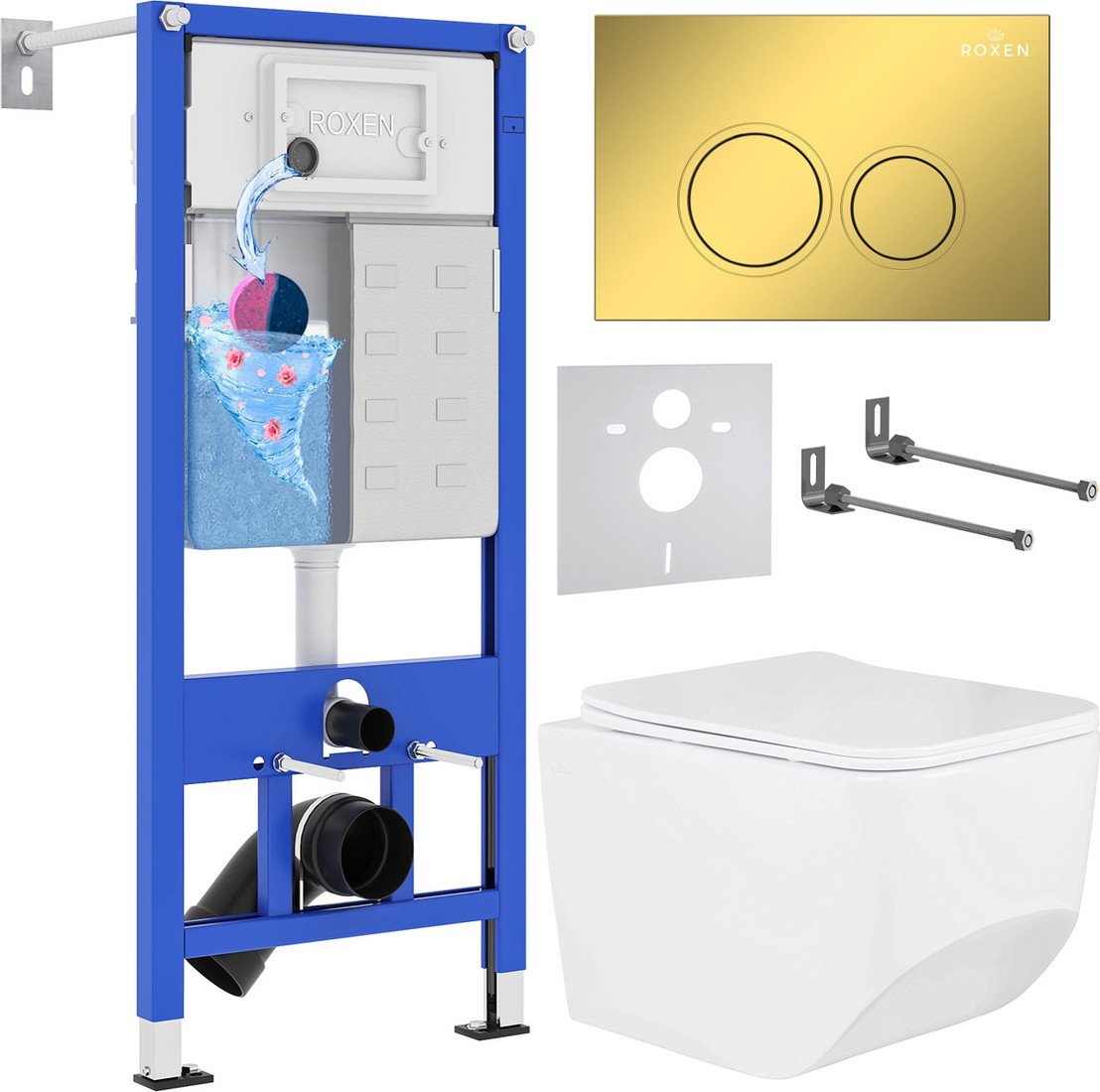 Унитаз подвесной Roxen Boro в комплекте с инсталляцией StounFix Dual Fresh 6 в 1 968023 (кнопка: золото глянцевое ) - фото