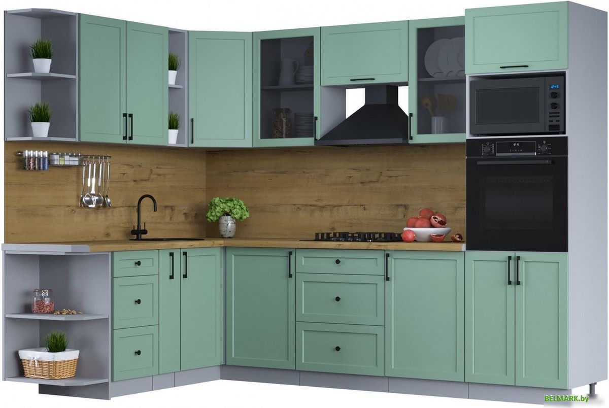 Готовая кухня Интерлиния Тренд 1.88x2.8 ВТ левая (мята/мята/дуб бунратти) - фото