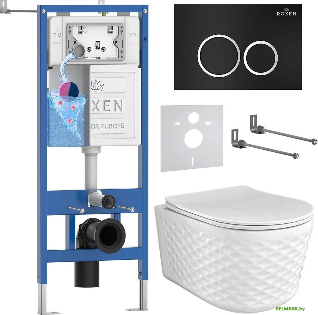 Унитаз подвесной Roxen Vine Tornado в комплекте с инсталляцией StounFix Dual Fresh 6 в 1 979008 (кнопка: черный матовый) - фото