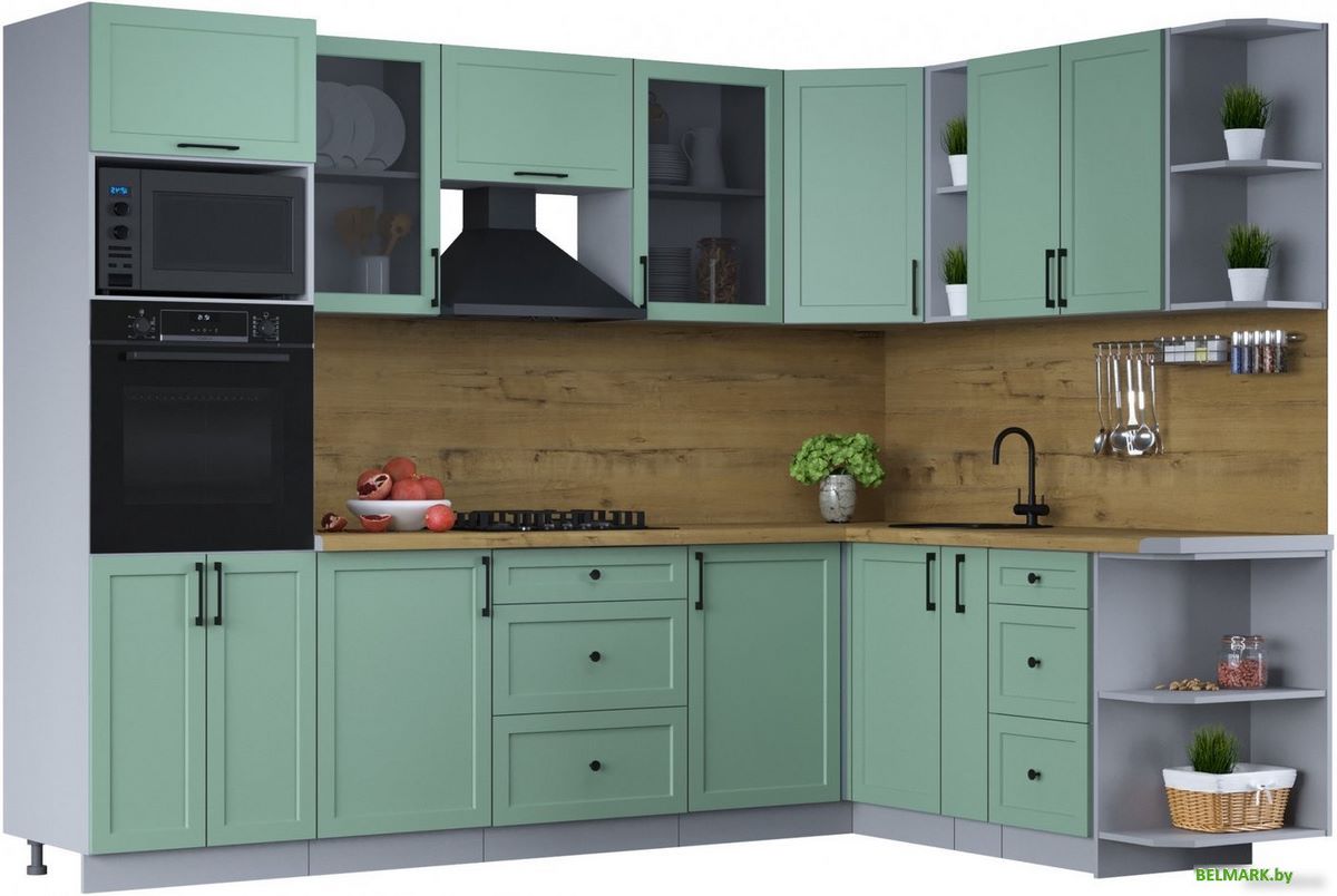 Готовая кухня Интерлиния Тренд 1.88x2.8 ВТ правая (мята/мята/дуб бунратти) - фото