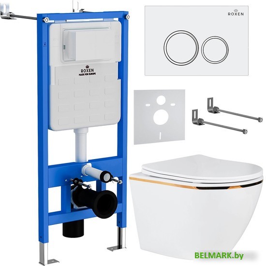 Унитаз подвесной Roxen Antares Gold в комплекте с инсталляцией StounFix Dual Fresh 6 в 1 728092 (кнопка: белый глянец) - фото