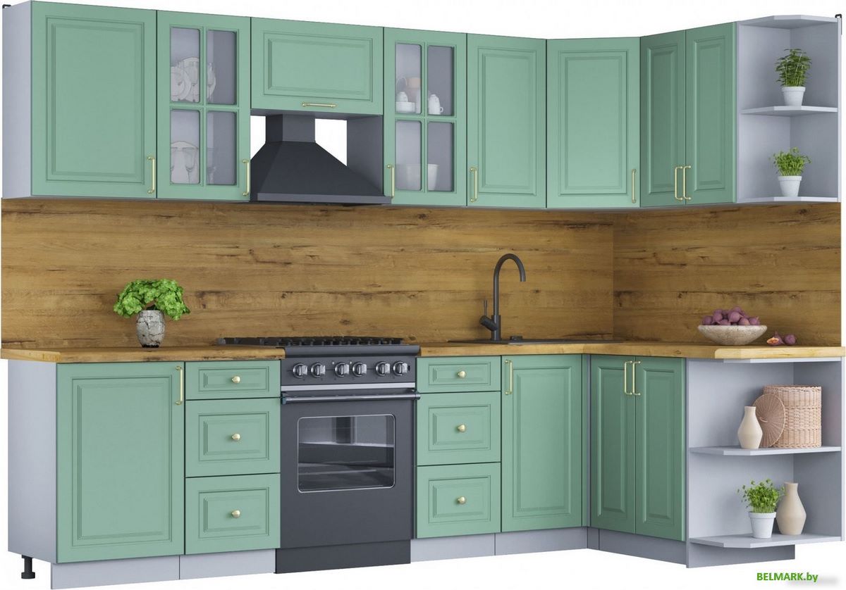 Готовая кухня Интерлиния Мила Шато 1.5x2.9 правая (мята/мята/дуб бунратти) - фото