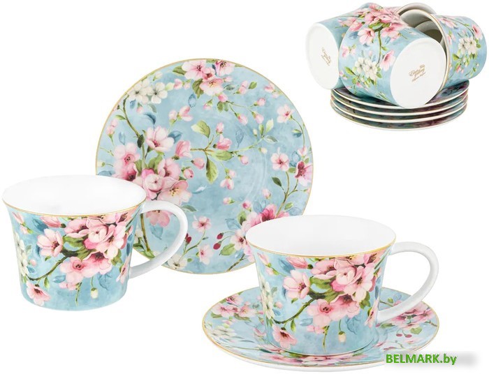 Набор чашек Elan Gallery Яблоневый цвет на голубом 420438 - фото