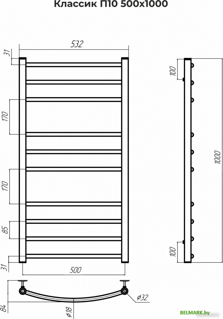 Полотенцесушитель TERMINUS Классик П10 500x1000 (сатин) - фото2