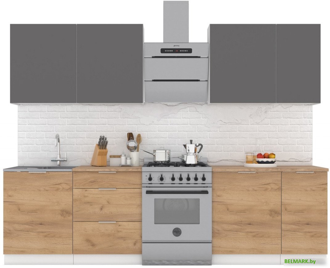 Готовая кухня Интермебель Микс Топ-7 2.2м (графит серый/дуб крафт золотой/мрамор лацио белый) - фото