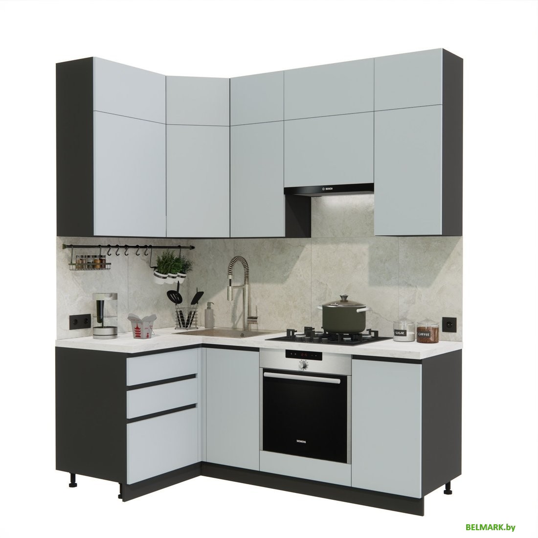 Готовая кухня ВерсоМебель Эко Премиум 1.2x2.0 левая (сумеречный голубой/ст. мрамор лацио) - фото