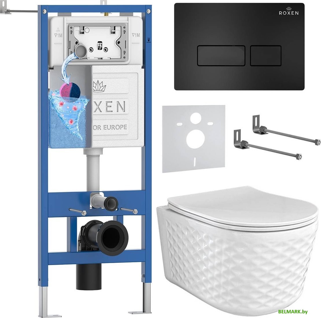 Унитаз подвесной Roxen Vine Tornado в комплекте с инсталляцией StounFix Dual Fresh 6 в 1 979001 (кнопка: черный матовый) - фото