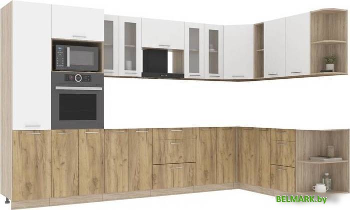 Готовая кухня Интерлиния Мила 1.88x3.4 правая без столешницы (белый платинум/дуб золотой) - фото