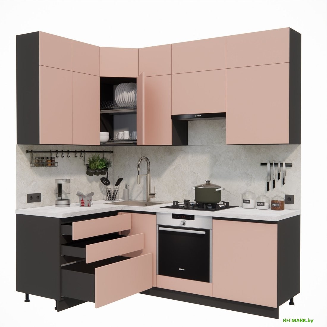 Готовая кухня ВерсоМебель Эко Премиум 1.4x2.2 левая (пудровый/ст. мрамор лацио) - фото2