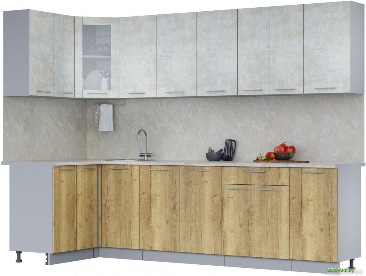 Готовая кухня Интерлиния Мила 12x28 (бетон лайт/дуб золотой/опал светлый) - фото