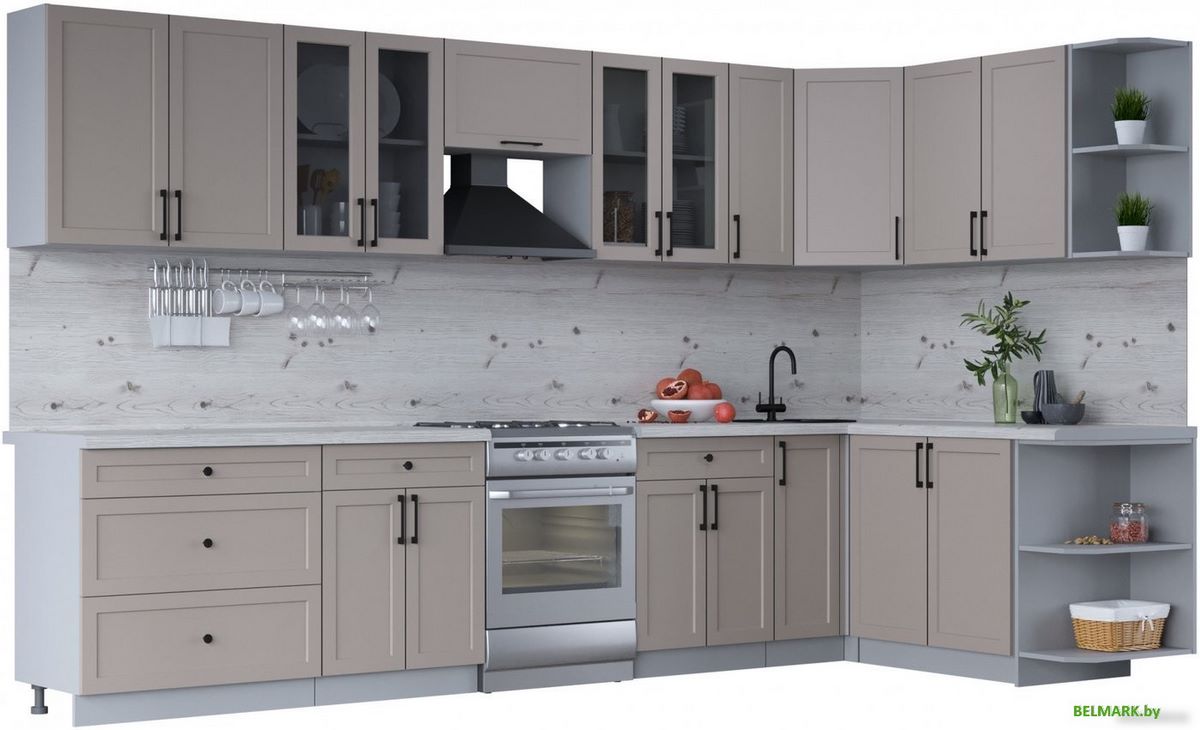 Готовая кухня Интерлиния Тренд 1.7x3.5 правая (луна/луна/бискайская сосна) - фото