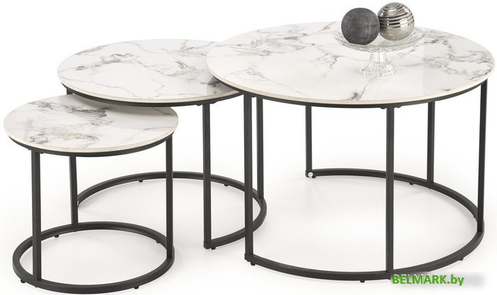 Журнальный столик Halmar Gilda 3 стола (белый мрамор/черный) - фото