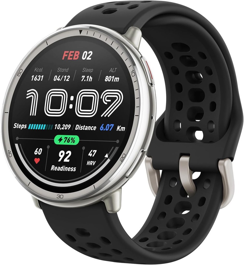 Умные часы Amazfit Active 2 (серебристый, с черным силиконовым ремешком) - фото