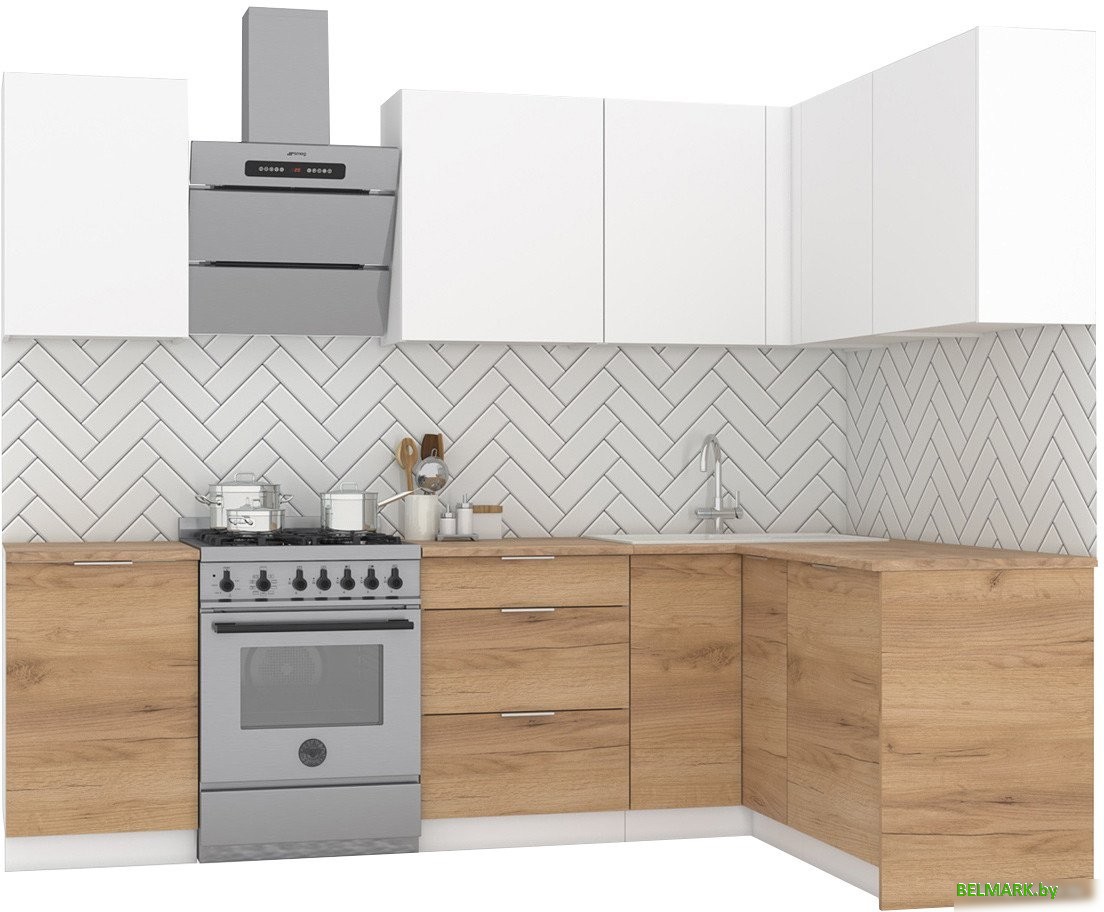 Готовая кухня Интермебель Микс Топ-25 2x1.52м правая (белый премиум/дуб крафт золотой/венато) - фото