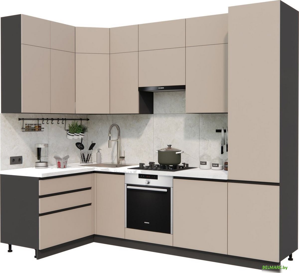 Готовая кухня ВерсоМебель Эко Премиум 1.4x2.7 левая (глиняный серый/ст. мрамор лацио) - фото