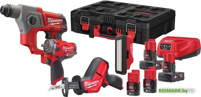 Milwaukee M12 FUEL M12FPP4C-624PEU (перфоратор, сабельная пила, шуруповерт, фонарь, 3 АКБ, кейс) - фото