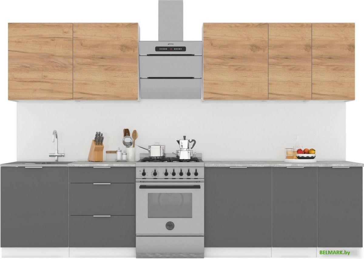 Готовая кухня Интермебель Микс Топ-9 2.6м (дуб крафт золотой/графит серый/мрамор лацио белый) - фото