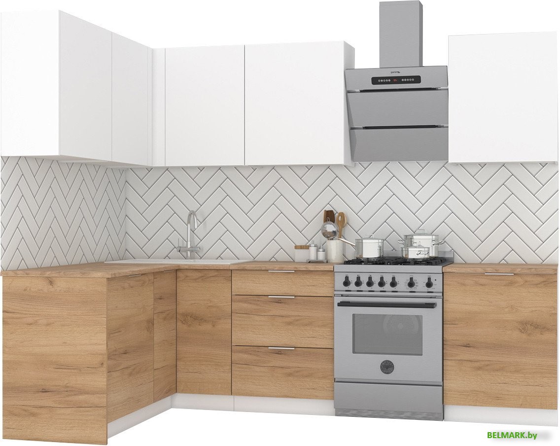 Готовая кухня Интермебель Микс Топ-26 2.1x1.52м левая (белый премиум/дуб крафт золотой/венато) - фото
