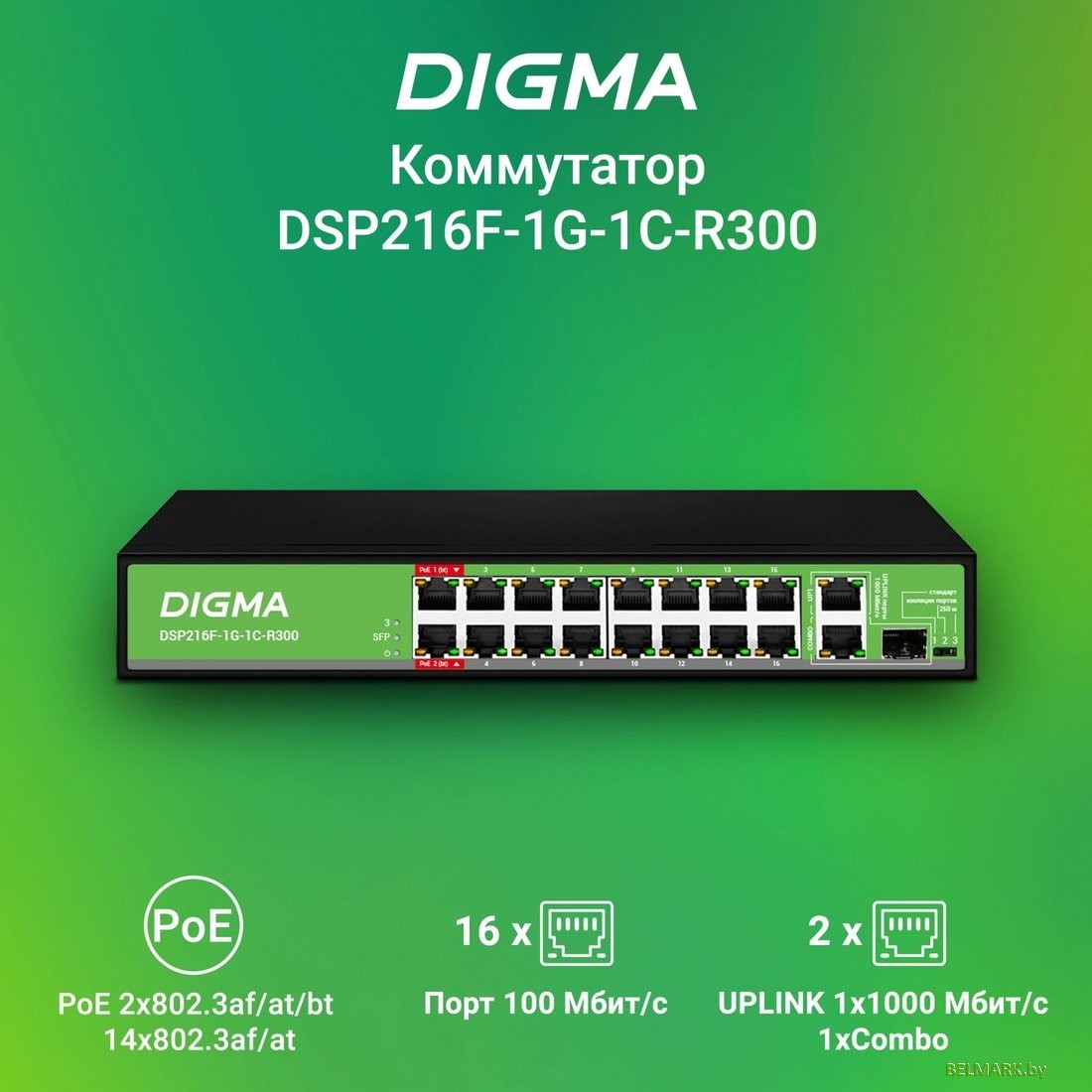 Неуправляемый коммутатор Digma DSP216F-1G-1C-R300 - фото2