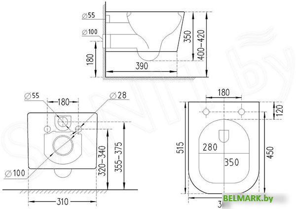 Унитаз подвесной Roxen Cube bidet в комплекте с инсталляцией StounFix Dual Fresh 6 в 1 966127 (кнопка: серый бетон) - фото2