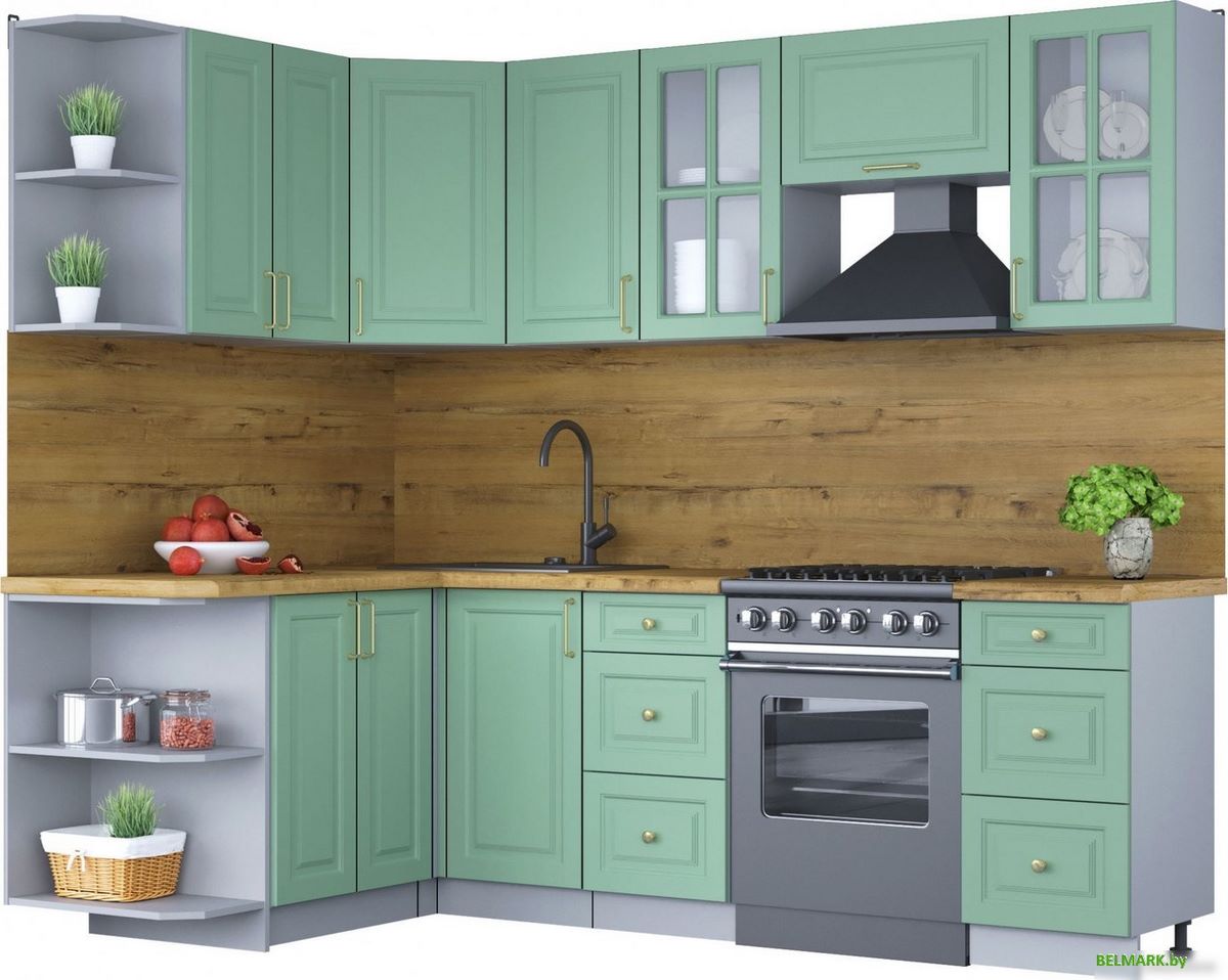 Готовая кухня Интерлиния Мила Шато 1.5x2.4 левая (мята/мята/дуб бунратти) - фото