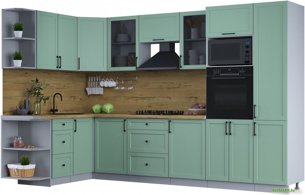 Готовая кухня Интерлиния Тренд 1.68x3.2 ВТ левая (мята/мята/дуб бунратти) - фото
