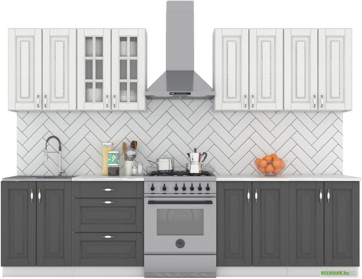Готовая кухня Интермебель Бостон-8 2.4 (акация белая/акация графит/мрамор лацио белый) - фото