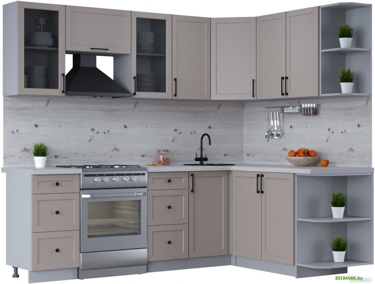 Готовая кухня Интерлиния Тренд 1.7x2.4 правая (луна/луна/бискайская сосна) - фото