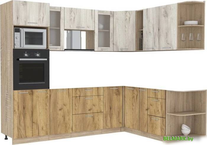 Готовая кухня Интерлиния Мила 1.88x2.6 правая без столешницы (дуб белый/дуб золотой) - фото