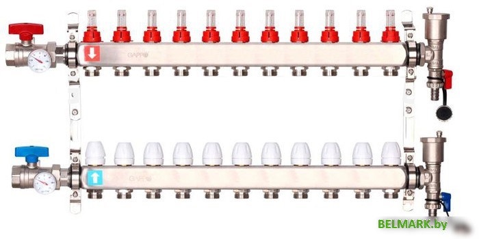 Запорная арматура Gappo Коллектор регулируемый с расходомерами G422.11 11-вых. x1"x3/4" - фото