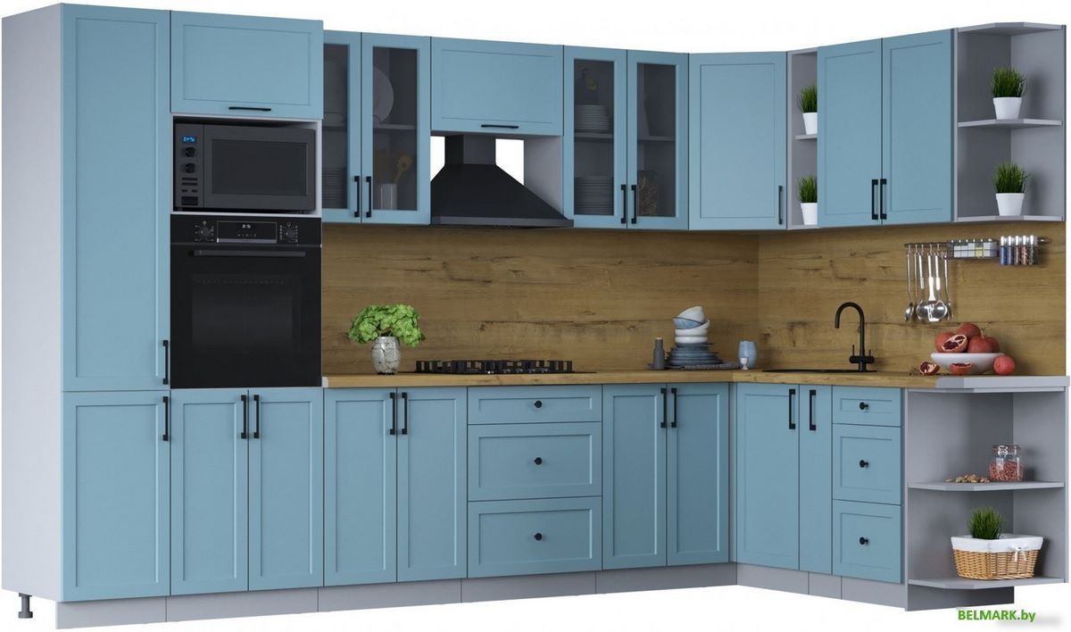 Готовая кухня Интерлиния Тренд 1.88x3.4 ВТ правая (океан/океан/дуб бунратти) - фото