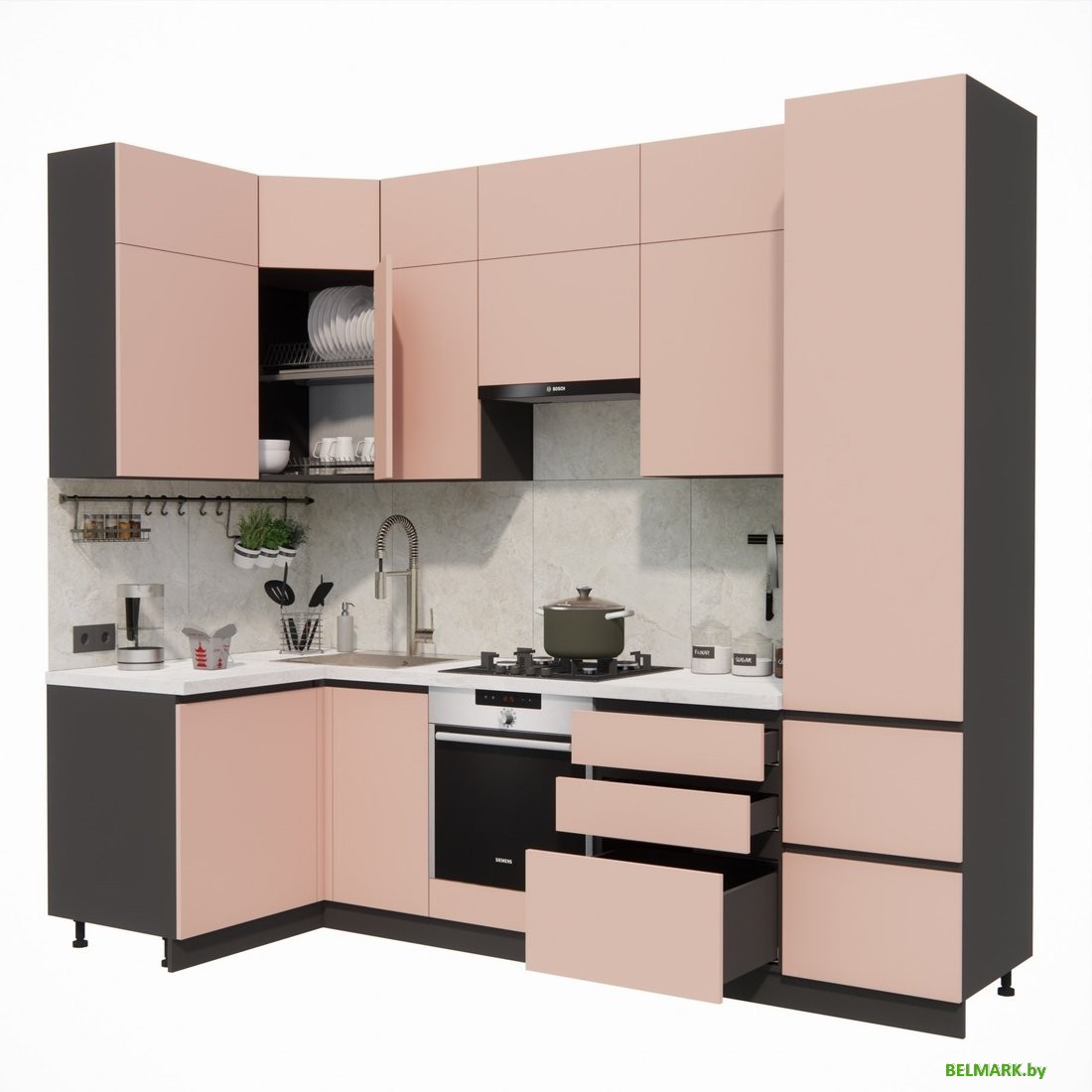 Готовая кухня ВерсоМебель Эко Премиум 1.2x2.7 левая (пудровый/ст. мрамор лацио) - фото2