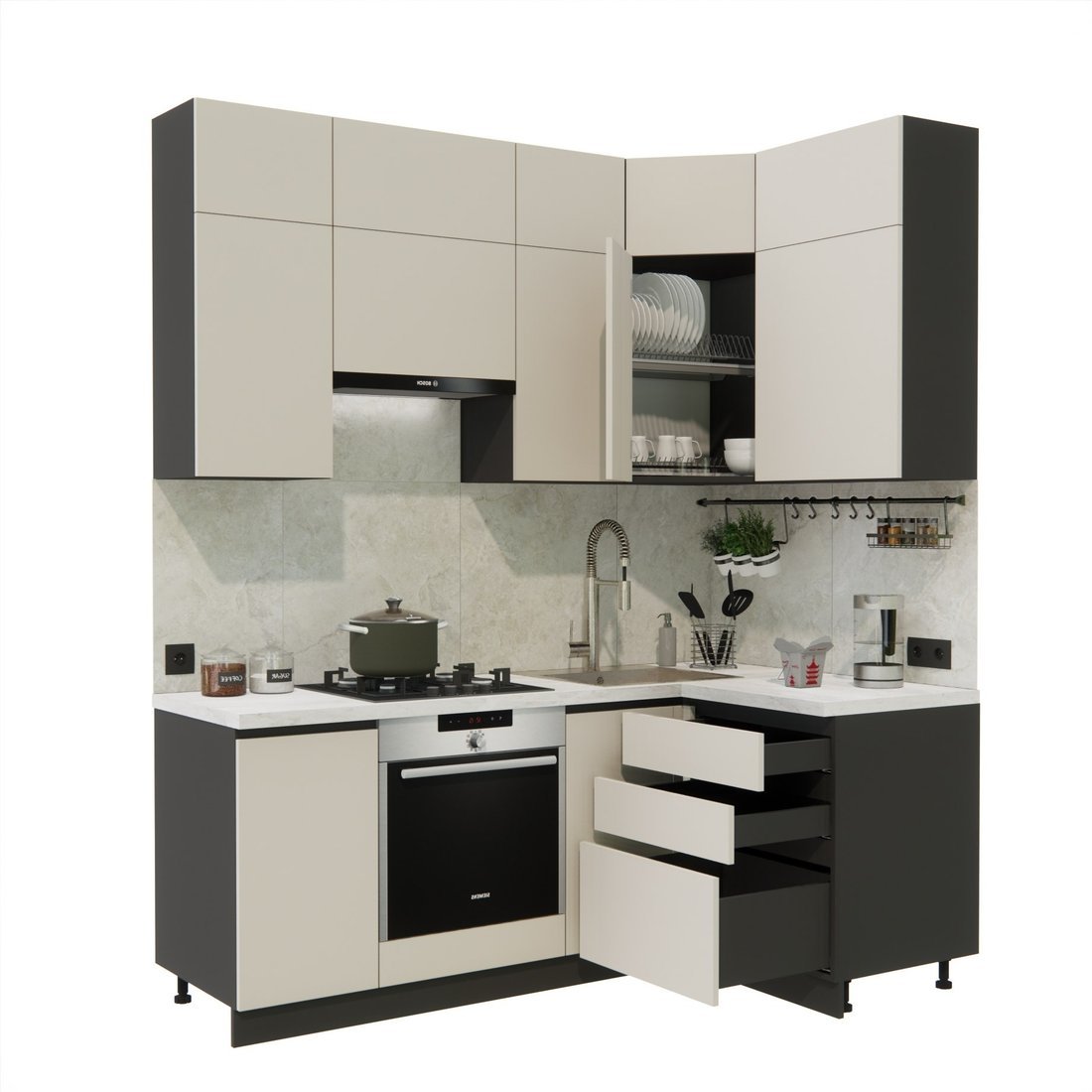 Готовая кухня ВерсоМебель Эко Премиум 1.2x2.0 правая (кашемир/ст. мрамор лацио) - фото2