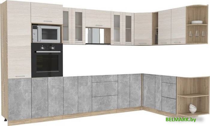 Готовая кухня Интерлиния Мила 1.88x3.4 правая без столешницы (вудлайн кремовый/бетон) - фото