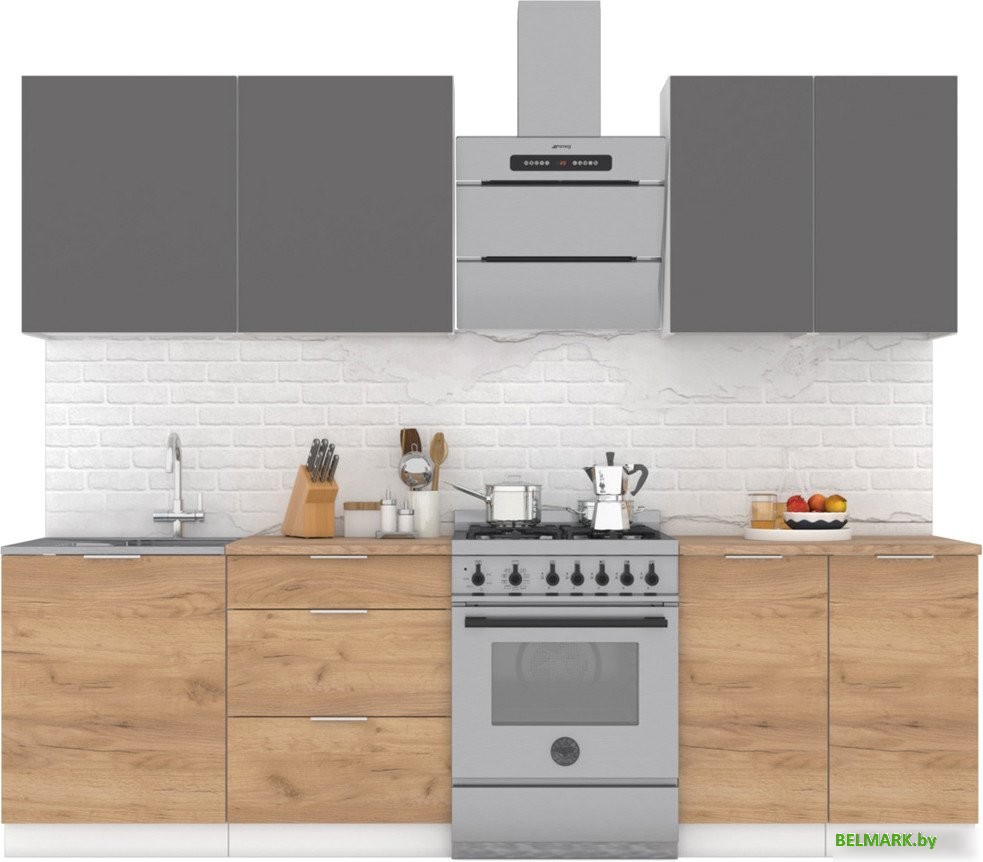 Готовая кухня Интермебель Микс Топ-5 2.0м (графит серый/дуб крафт золотой/мрамор лацио белый) - фото