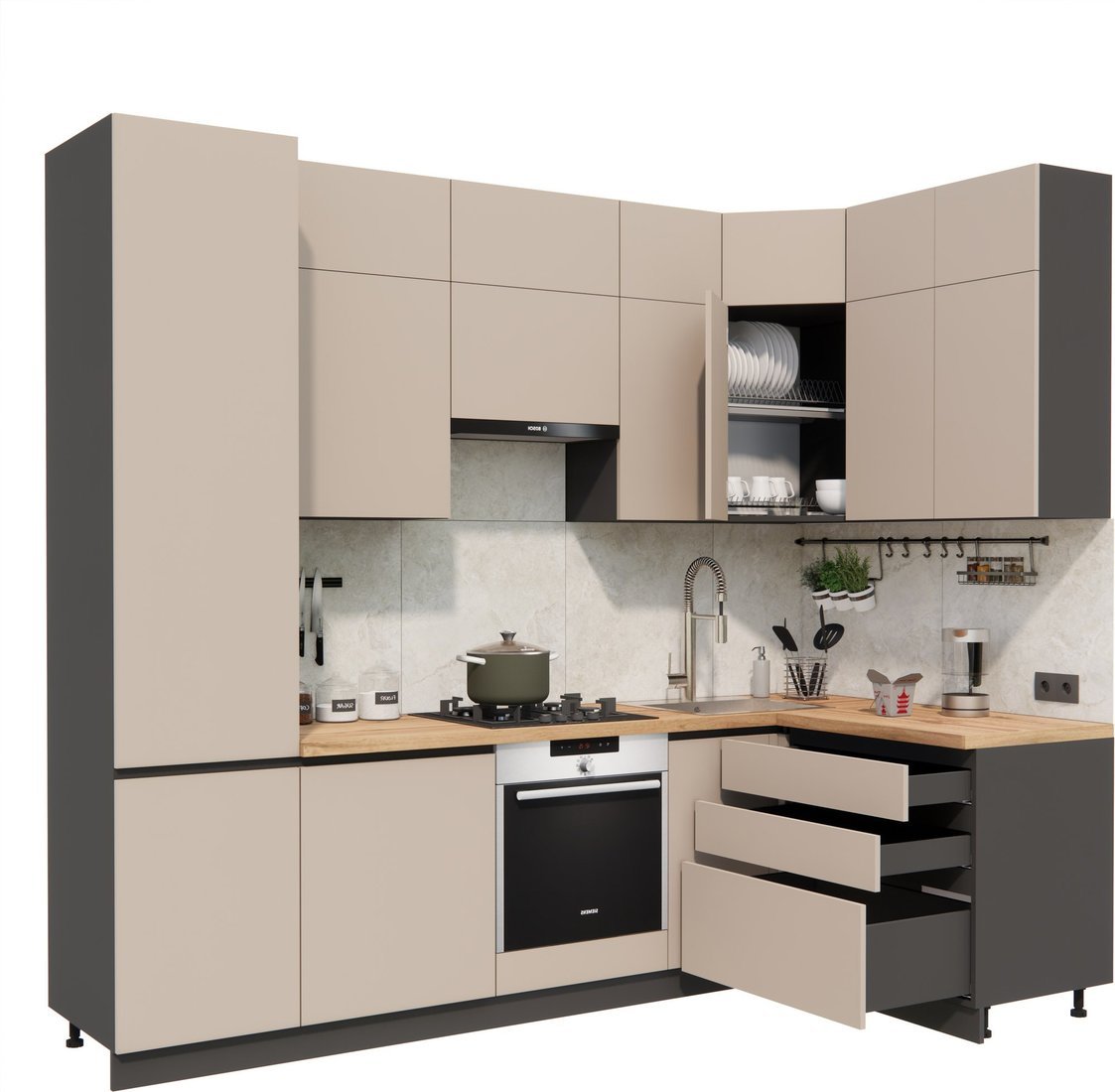 Готовая кухня ВерсоМебель Эко Премиум 1.4x2.7 правая (глиняный серый/ст. дуб вотан) - фото2