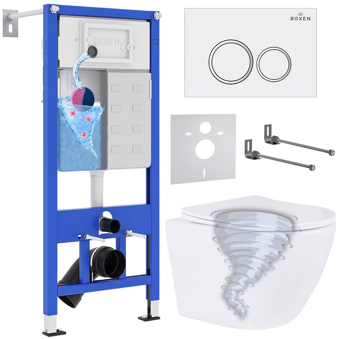 Унитаз подвесной Roxen Antares Tornado в комплекте с инсталляцией StounFix Dual Fresh 6 в 1 968335 (кнопка: белый глянцевый) - фото