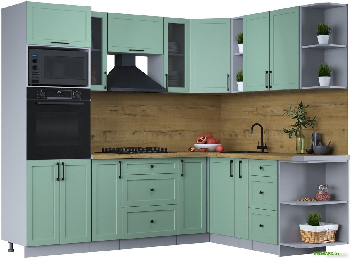 Готовая кухня Интерлиния Тренд 1.88x2.4 ВТ правая (мята/мята/дуб бунратти) - фото