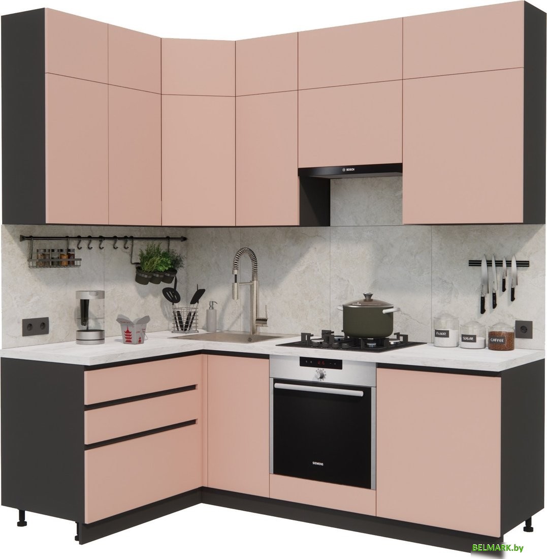 Готовая кухня ВерсоМебель Эко Премиум 1.4x2.2 левая (пудровый/ст. мрамор лацио) - фото