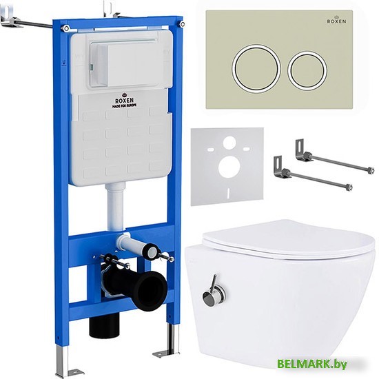 Унитаз подвесной Roxen Antares Bidet в комплекте с инсталляцией StounFix Dual Fresh 6 в 1 966280 (кнопка: бежевый) - фото