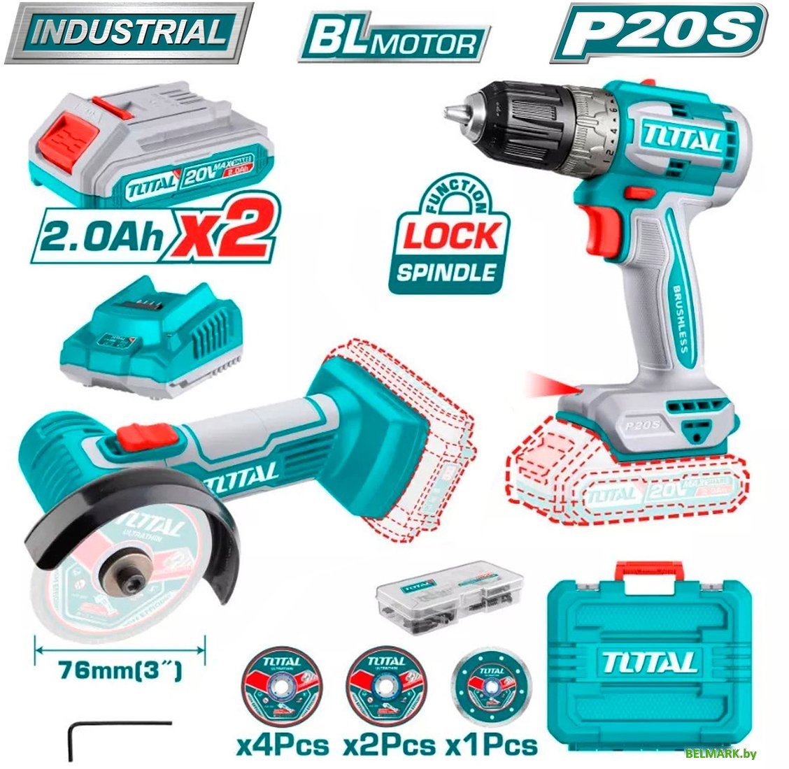 Total TCKLI20278 (шуруповерт, болгарка, 2 АКБ, кейс) - фото