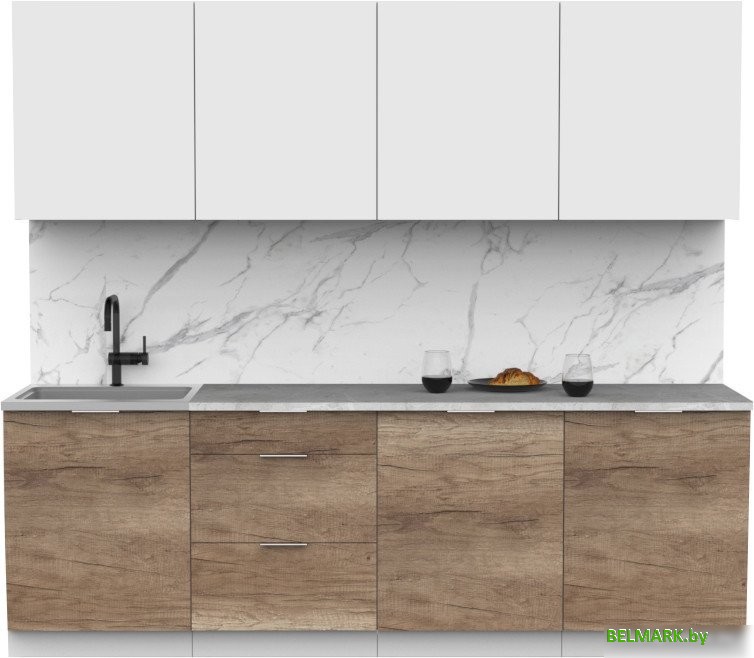 Готовая кухня Интермебель Микс Топ-8 2.4м (белый премиум/дуб каньон/мрамор лацио белый) - фото