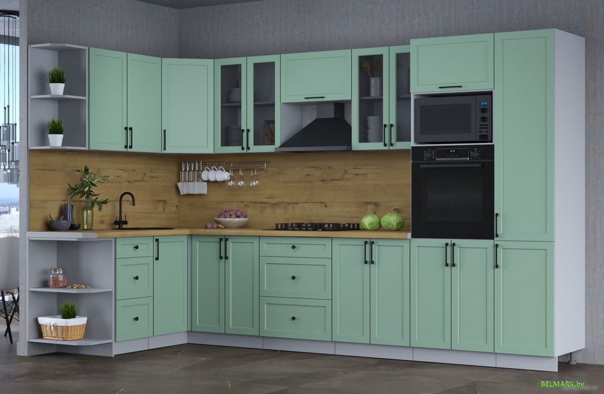 Готовая кухня Интерлиния Тренд 1.68x3.4 ВТ левая (мята/мята/дуб бунратти) - фото2