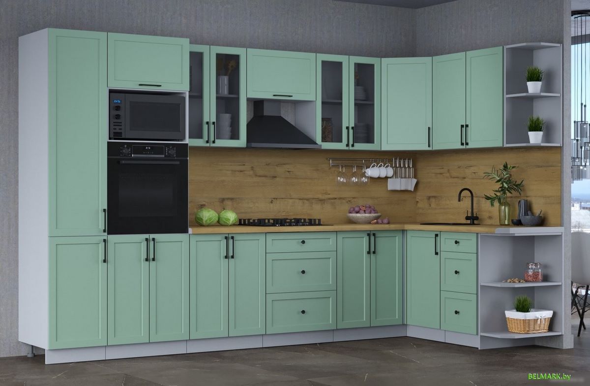 Готовая кухня Интерлиния Тренд 1.68x3.4 ВТ правая (мята/мята/дуб бунратти) - фото2