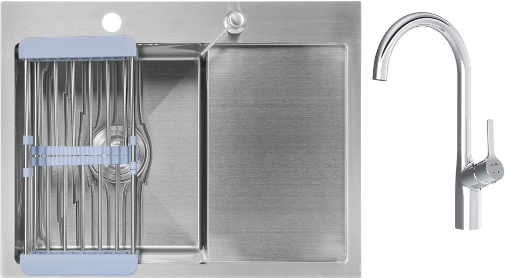 Кухонная мойка Saniteco 6550-L + Spike F9S07000 (хром, с сифоном, дозатором и коландером) - фото